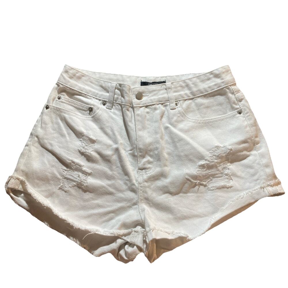 Forever 21 Women's White Denim Shorts Raw Hem Distressed Size 29